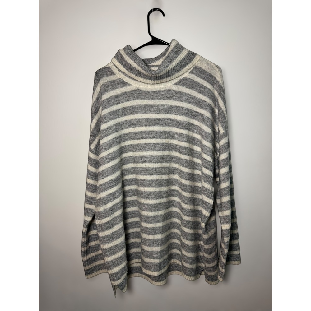 LOFT Preppy‎ Striped Turtleneck Sweater Oversized Gray White Knit XL